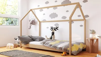 Produktbild von Kinderbett Haus Kiefer 80x180 cm – Hausbett Holz Montessori für Jungen und Mädchen – Skandinavisches Design – Ohne Matratze