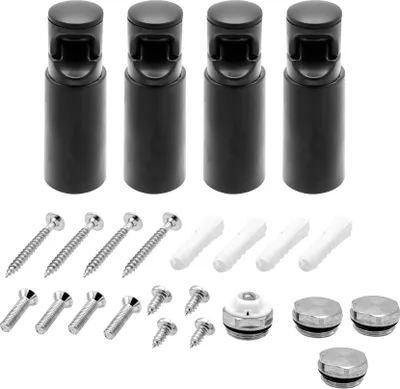 A set of black radiator mounting brackets and screws on a white background.