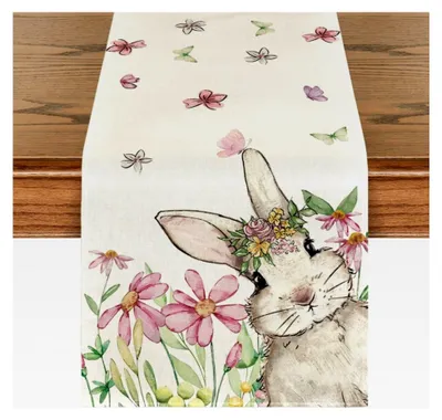 Produktbild von Rosa Blumen Hase Ostern Tischläufer, saisonale Frühling Waschbar Küche Esstisch Dekoration drinnen Urlaub Party Dekor 40x140 cm
