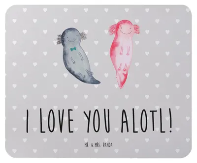 Produktbild von Mr. & Mrs. Panda Mousepad Axolotl Liebe - Grau Pastell - Geschenk, für Partner, mousematte, Freundin, Valentinstag, Mouse Pad, Mauspad, Mitbringsel, gummi, Hochzeitstag