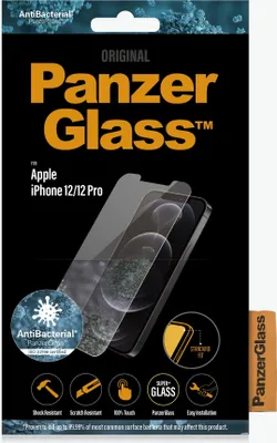 Obrázek produktu pro PanzerGlass ® Screen Protector iPhone 12 | 12 Pro | Standard Fit, Apple, Apple - iPhone 12, Apple - iPhone 12 Pro, Aplikace nasucho, Odolné proti poškrábání, Odolný proti nárazům, Antibakteriální, Průhledná, 1 kusů