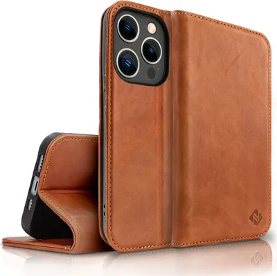 Image de Housse en cuir véritable pour iPhone 14 Pro, protection RFID Housse à rabat Marron