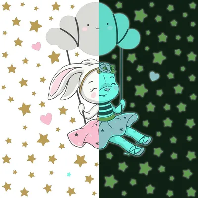 Produktbild von Leuchtsticker – HASE AUF EINER SCHAUKELNDEN WOLKE – Fluoreszierender Wand-/Deckensticker für Kinder – 175 x 120 cm