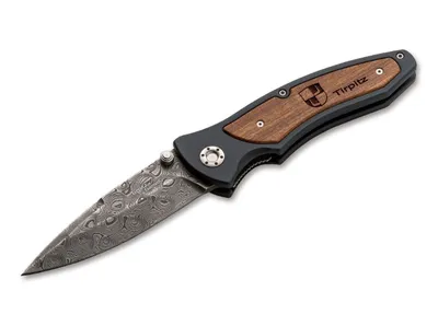 Produktbild von Böker Manufaktur Solingen Tirpitz-Damast - Messer mit Feststellklinge - EDC-Messer - Absetzpunkt - Edelstahl - Aluminium - Walnuss - Braun