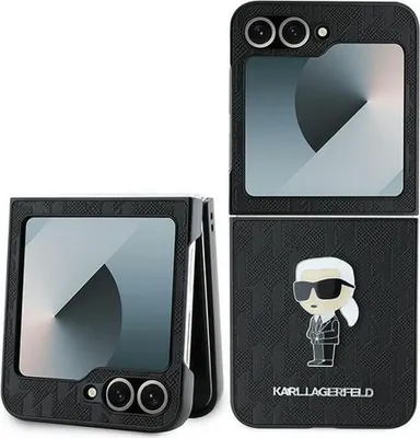 A Karl Lagerfeld branded flip phone case is shown in two configurations: closed and open.