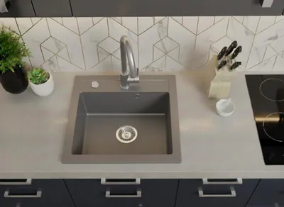 Produktbild von [Granitspüle 49x52 +Abtropfgitter mit oder ohne Armatur] Hochwertig beidseitig Montierbar Küchenspüle Eckig Einbaugranitspüle Granit Spülbecken f. Unterschränke ab 45 cm inkl.Siphon Set, Variante:Spüle Grau + Abtropfgitter + Armatur Grau