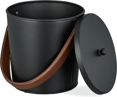 Immagine prodotto di Secchio per legna con coperchio - 4,5 litri - Manico in pelle - Stufa - Camino - Barbecue - Secchio per carbone - Colore: nero - Colore: marrone