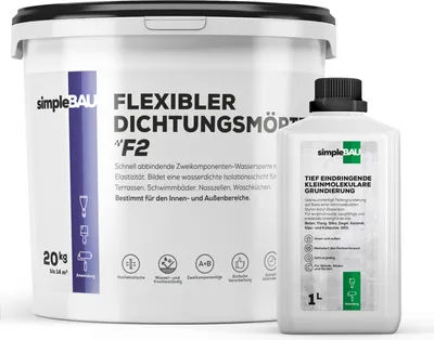 Produktbild von SimpleBau F2 Schnell abbindender flexibler Abdichtungsmörtel für Balkone terrassen, 20kg + 1l Grundierung