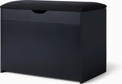 A dark blue shoe cabinet with a black upholstered seat on top, shown from a three-quarter angle against a white background.