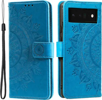 A blue flip case for a Google Pixel 7 phone with a mandala pattern.