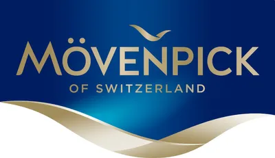 A dark blue background with the Mövenpick logo and text, and a wavy gold and white design at the bottom.