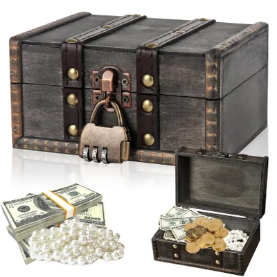 Productafbeelding van Houten schatkist - Met cijferslot - Voor opslag - 15x12x8 cm - Grijs