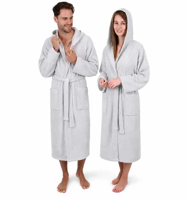 Produktbild von Betz Bademantel Frottee mit Kapuze für Herren und Damen Berlin 100% Baumwolle Saunabademantel - langer Bademantel - Saunamantel Größe S/M - silbergrau