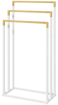 Image de Porte-serviettes avec 3 barres, en bambou et en acier | Couleur : Blanc + Naturel | Dimensions : 22,5 x 45 x 86 cm
