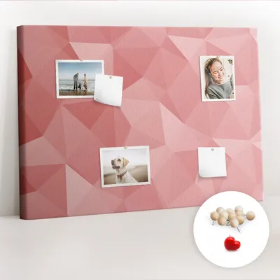 Obrázek produktu pro Korková nástěnka s kolíčky - Tabule s kolíky pro fotografie a poznámky - 100x70 cm - Připínáčky dřevěné 100 kusů - Trojúhelníky abstraktní