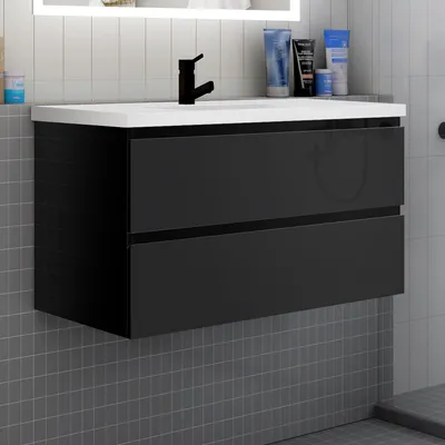 Produktbild von Badmöbel Set HUTI-Serie 100cm Mineralguss Waschbecken mit Unterschrank Badezimmermöbel mit 2 Schubladen Hochglanz Schwarz Hängeschrank