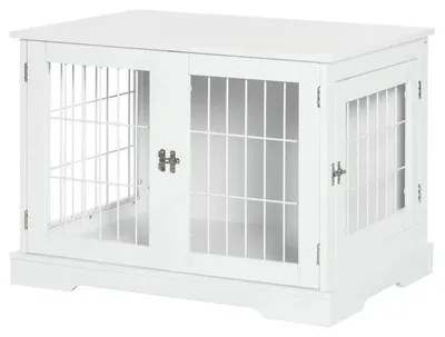 Obrázek produktu pro Vnitřní psí box 2 v 1 – přenosný stolek s klecí pro psy – dřevěná konstrukce – 2 uzamykatelné dveře – 76 x 54,5 x 56 cm – armádní zelená