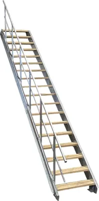 Produktbild von 17-er Wangentreppe Stahl mit Stufenkonsolen für Holzstufen ohne Stufen 282 - 350 cm Höhe 1x Geländer