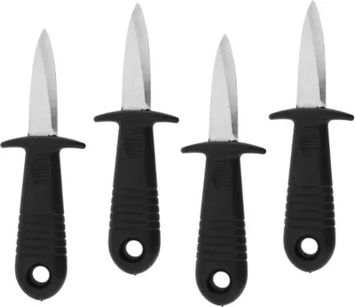 Four oyster knives are arranged in a row against a white background.