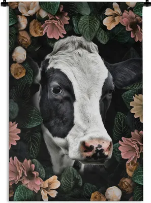 Produktbild von MuchoWow® Wandteppich Wandbehang Kuh - Blumen - Blätter 60x90 cm Tapisserie Dekoration Wandtuch - Foto-Teppich - Abwaschbar