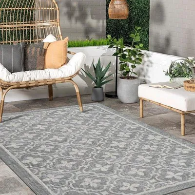 Immagine prodotto di Tappeto da balcone resistente alle intemperie, 160 x 230 cm, tappeto grigio a motivi floreali in stile boho, per terrazze, antiscivolo, lavabile, per interni ed esterni.