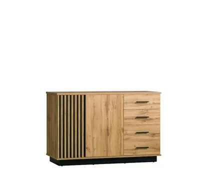 Produktbild von Kommode LARSSON II mit 2 Türen und 4 Schubladen, Sideboard in Lamellenoptik, Wohnzimmerschrank Möbel für Wohnzimmer und Esszimmer, Eiche Wotan/Schwarz