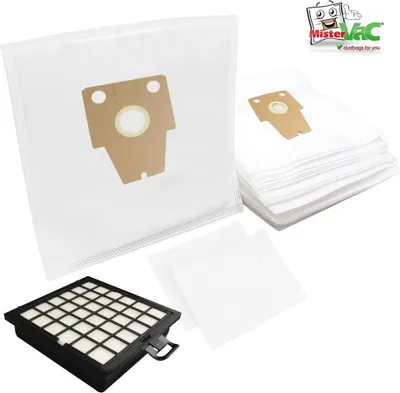 A collection of vacuum cleaner bags and a filter are displayed on a white background.