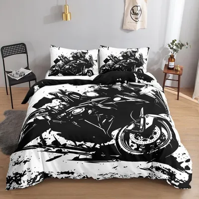 Immagine prodotto di Set di lenzuola con motivo a tema motociclistico, dimensioni 100x132 cm, composto da 1 lenzuolo copripiumino e 2 federe, realizzato in microfibra con chiusura a zip