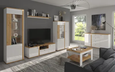 Productafbeelding van Woonkamer set, wandmeubel Avila, 6-delig, eikenhout Artisan, fronten wit hoogglans