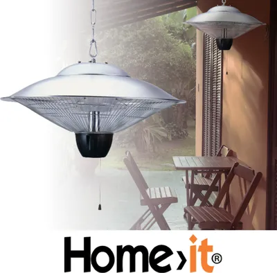 A patio or balcony setting with chairs and a table, featuring hanging patio heaters.