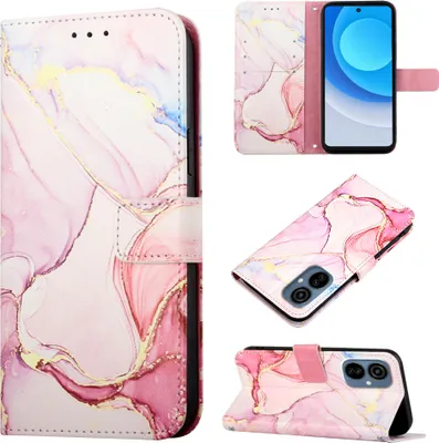 Produktbild von Tecno Camon 19 Neo Hülle, Marmor Motiv Kunstleder Tasche Wallet Kartenfächer mit Standfunktion Klapp Schutzhülle für Tecno Camon 19 Neo Pink Weiß