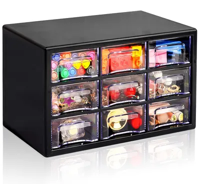 Produktbild von Aufbewahrungsbox mit 9 Schubladen, stapelbare Schreibtischschubladeneinheit für Bastelbedarf, transparenter Schreibtischorganizer für Make-up, Schmuck und Bürobedarf.