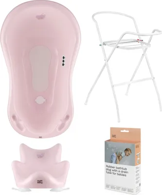Obrázok produktu pre SADA: Detská súprava na kúpanie v bielej farbe: vanička, stojan, odtok a sedadlo - 4-dielna súprava s motívom: Hug Me Rose