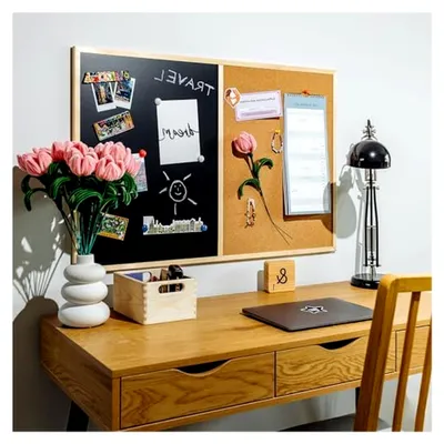 Produktbild von 2in1 Kombitafel 90 x 60 cm | Pinnwand Magnettafel Kork & Kreidetafel Magnetisch | Schwarz Tafel mit 5 Stiften & Magneten, Kreide, Schwamm | Küche Korkwand Wandtafel Blackboard Pinwand
