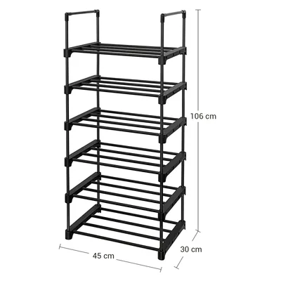 A black, multi-tiered shoe rack with dimensions indicated.