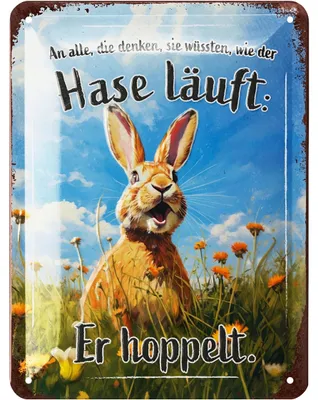 Produktbild von LANOLU Retro Blechschild Der Hase hoppelt, vintage Metallschilder mit Sprüchen, Shabby Chic Deko Küche und Garten, 15x20cm