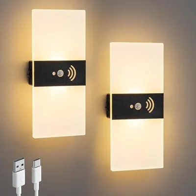 Image de Applique murale LED avec capteur - Applique d'intérieur avec batterie rechargeable de 2000 mAh - Éclairage LED - Rechargeable via USB - Pour les couloirs, les salons et autres pièces d'intérieur - Lot de 2