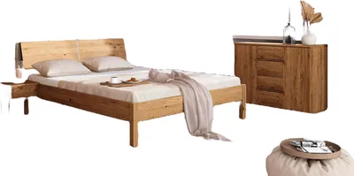 Produktbild von Bett Bento 9 Sonderlänge 90x210 Wildeiche massiv mit Holzkopfteil und Holzbeine