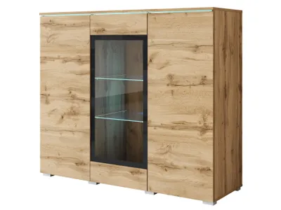 A modern wooden cabinet with a glass display section and LED lighting.