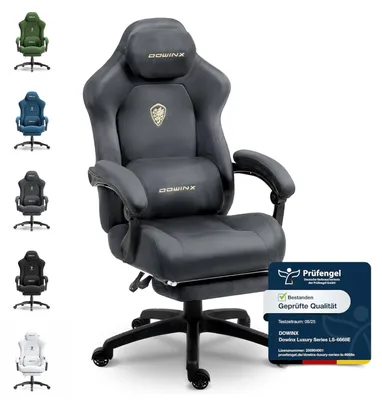 Obrázek produktu pro Ergonomická herní židle s bederní opěrkou, potažená velurem, s tlustým polstrováním, opěrkou nohou, nastavitelnými podloketníky a možností nastavení sklonu až do 160 stupňů. Barva: šedá