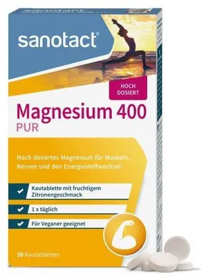 Produktbild von sanotact Magnesium 400 (30 Kautabletten) - Magnesium hochdosiert für Muskeln & Nerven - 400mg Magnesium mit Sofortwirkung