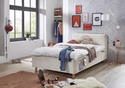 Produktbild von Meise Möbel Jugendbett Cosy 120x200 cm | Bettgestell | USB | 4 Betttaschen | Strukturstoff Beige | Holzfuß eichefarbig