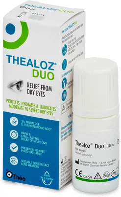 A box and a bottle of Thealoz Duo eye drops.