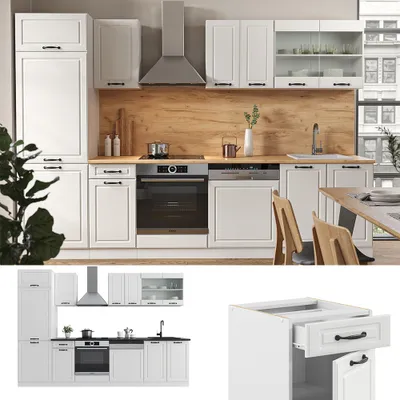 Produktbild von Küchenzeile Vicco R-Line Weiß Landhaus/Weiß 300 cm ohne Arbeitsplatte, Model 36657