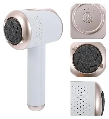A collage of images showing a white electric foot callus remover with gold accents and a textured gray roller head. Close-ups show the power button, roller head, and perforated body.