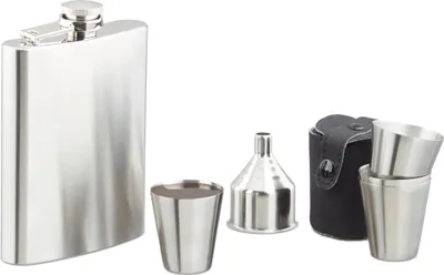 Produktbild von Relaxdays Flachmann Set Edelstahl 7 teilig 200 ml Flachmann Trichter 4 Becher Präsent Set