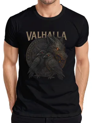 Immagine prodotto di Maglietta Valhalla Odin Hugin Munin Raven Wolf Viking Runes Nordic Saga Uomo, Nero, 3XL