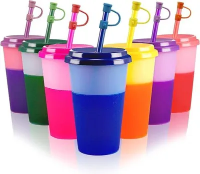 Produktbild von Famanu Trinkbecher mit Strohhalm und Deckel - 350ml Farbwechselbecher