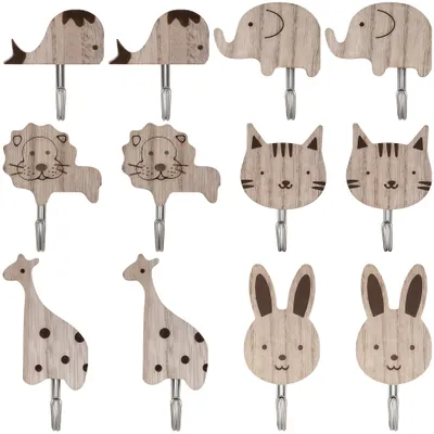 12 selbstklebende Holzhaken, 6 Tiermotive, Wandhaken