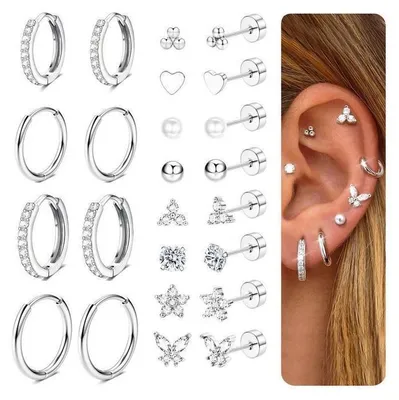Produktbild von 12 Paar Ohrringe Gold Silber Set, 316L Chirurgenstahl, 14K Vergoldet, Damen Herren, Creolen & Ohrstecker
